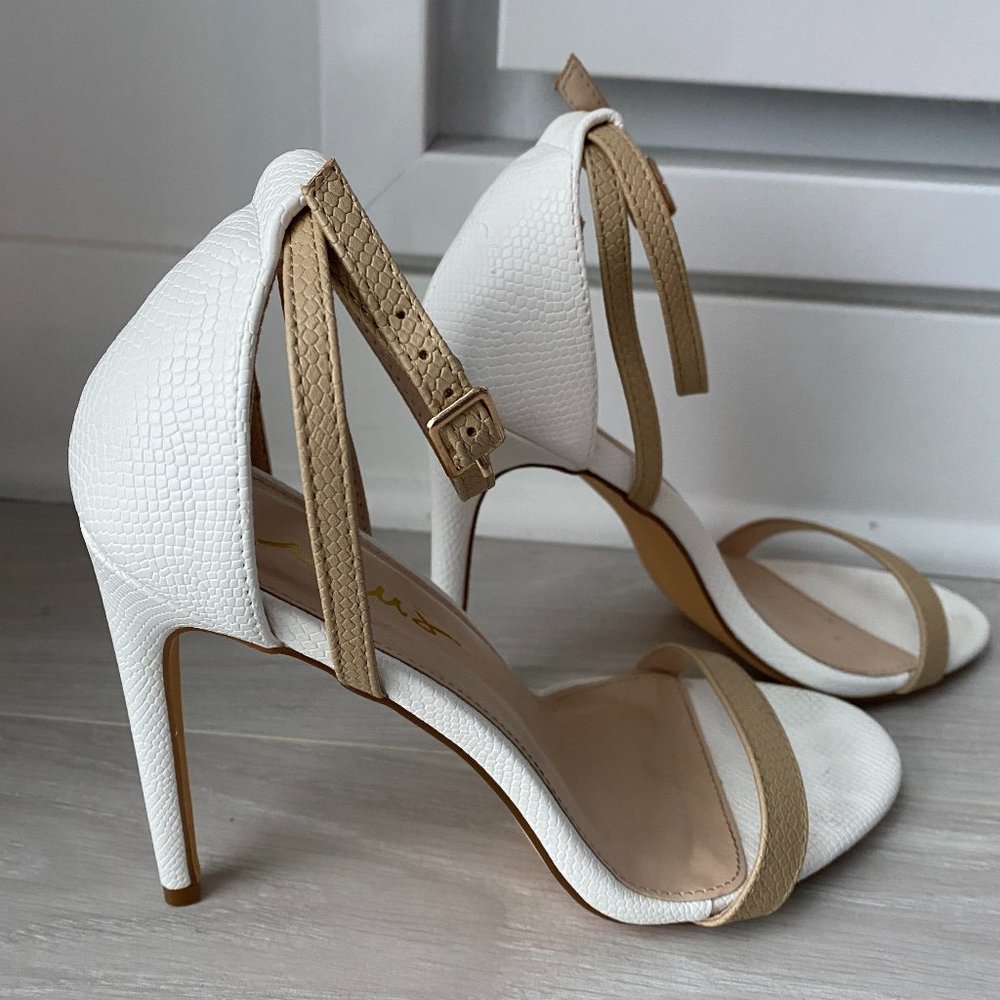 White and Beige Ankle Strap Heels